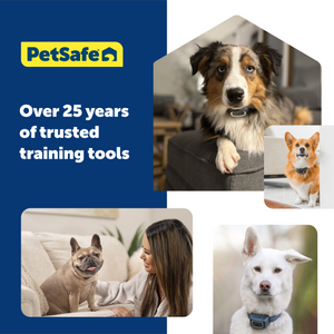 collage of dogs with their bark collars on petsafe has over twenty five years of trusted training tools