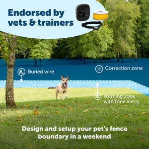A dog playing in their yard with a visual of how the boundary works endorsed by vets and trainers set up your fence in a weekend