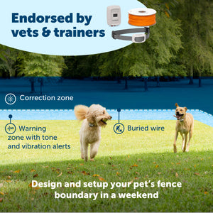 endorsed by vets and trainers two dogs playing with each other in the expanded area design and setup your pets fence boundary in a weekend
